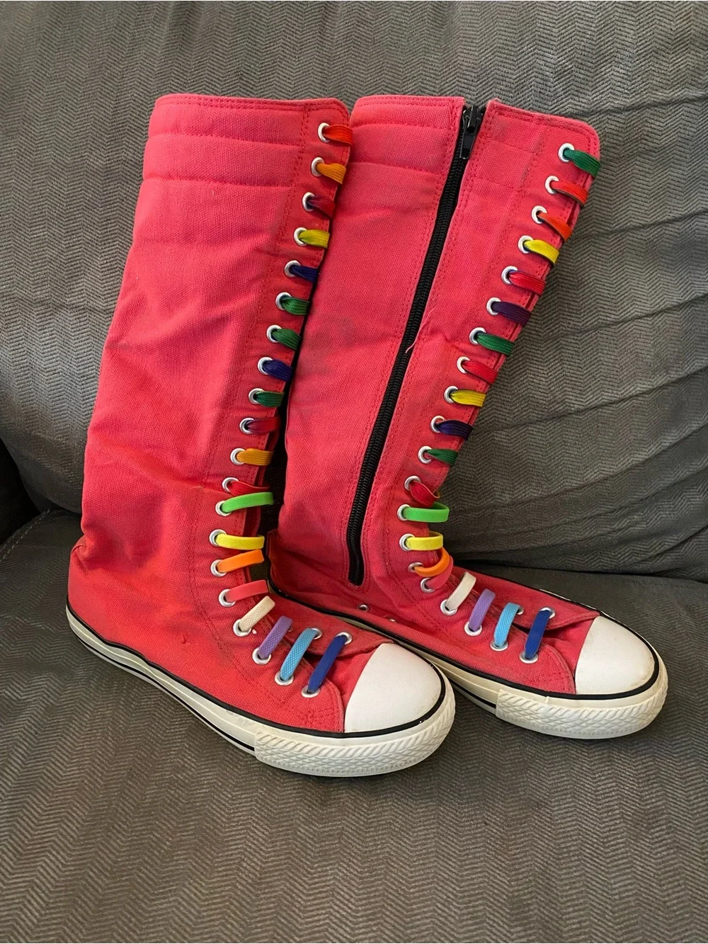 Converse Pink High-Top Sneakers with Rainbow Eyelets